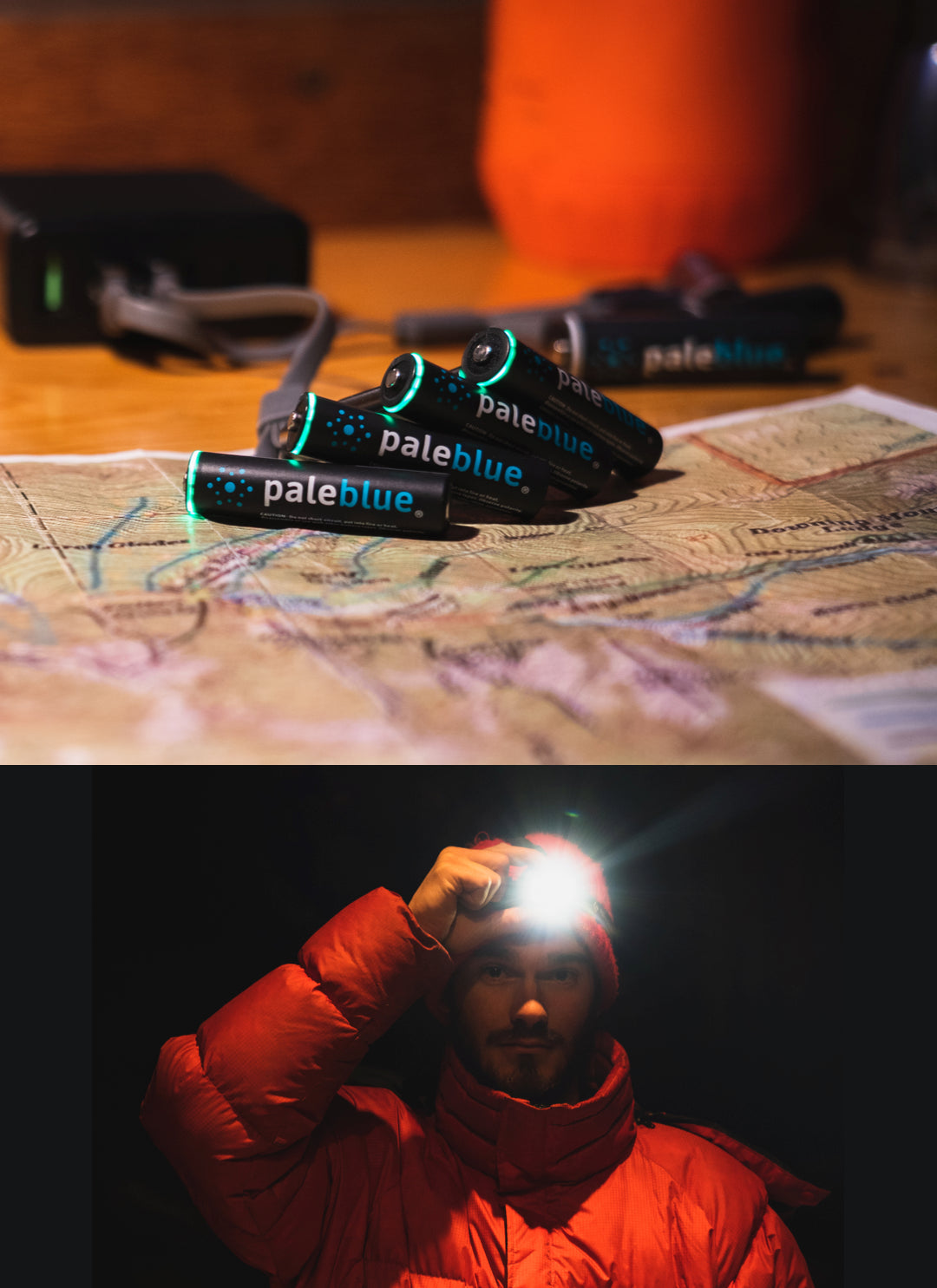 Paleblue AAA rechargeable batteries charging with a USB-C cable and a man in a parka with bright headlamp.